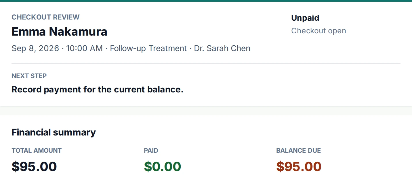 Actual fictional checkout review with an open balance, payment status and a next-step instruction.
