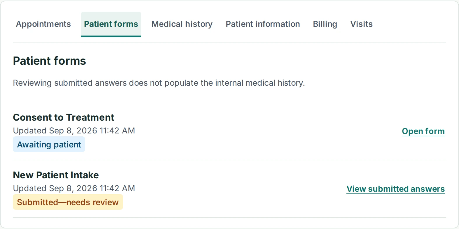 Actual patient Forms tab with fictional intake submitted for review and consent awaiting the patient.