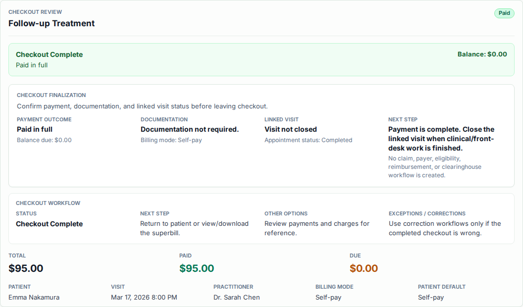 Practiq completed checkout showing fictional payment and linked visit status