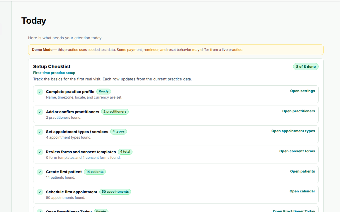 Practiq Front Desk showing a fictional practice setup checklist and what needs attention