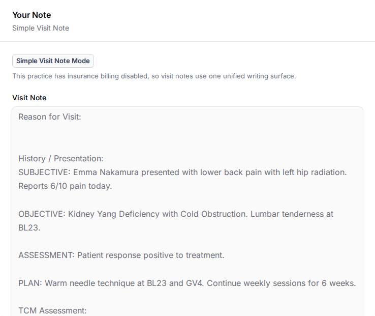 Practiq simple visit note with fictional acupuncture follow-up details