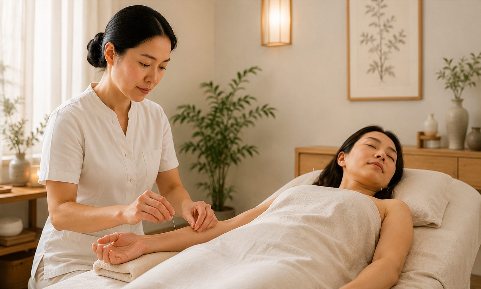 Acupuncture practitioner working in a calm small clinic setting