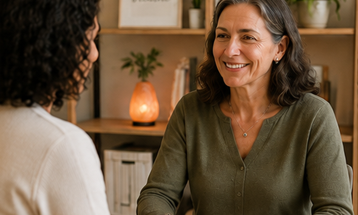 Wellness practitioner meeting with a client in a calm consultation setting